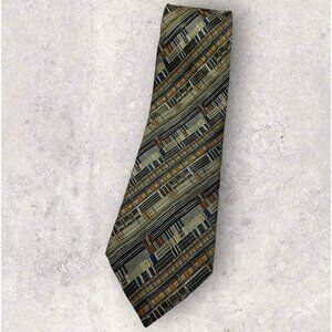 KENZO Silk Tie ITALY Gray Beige Gold Geometric W:3.7" EUC